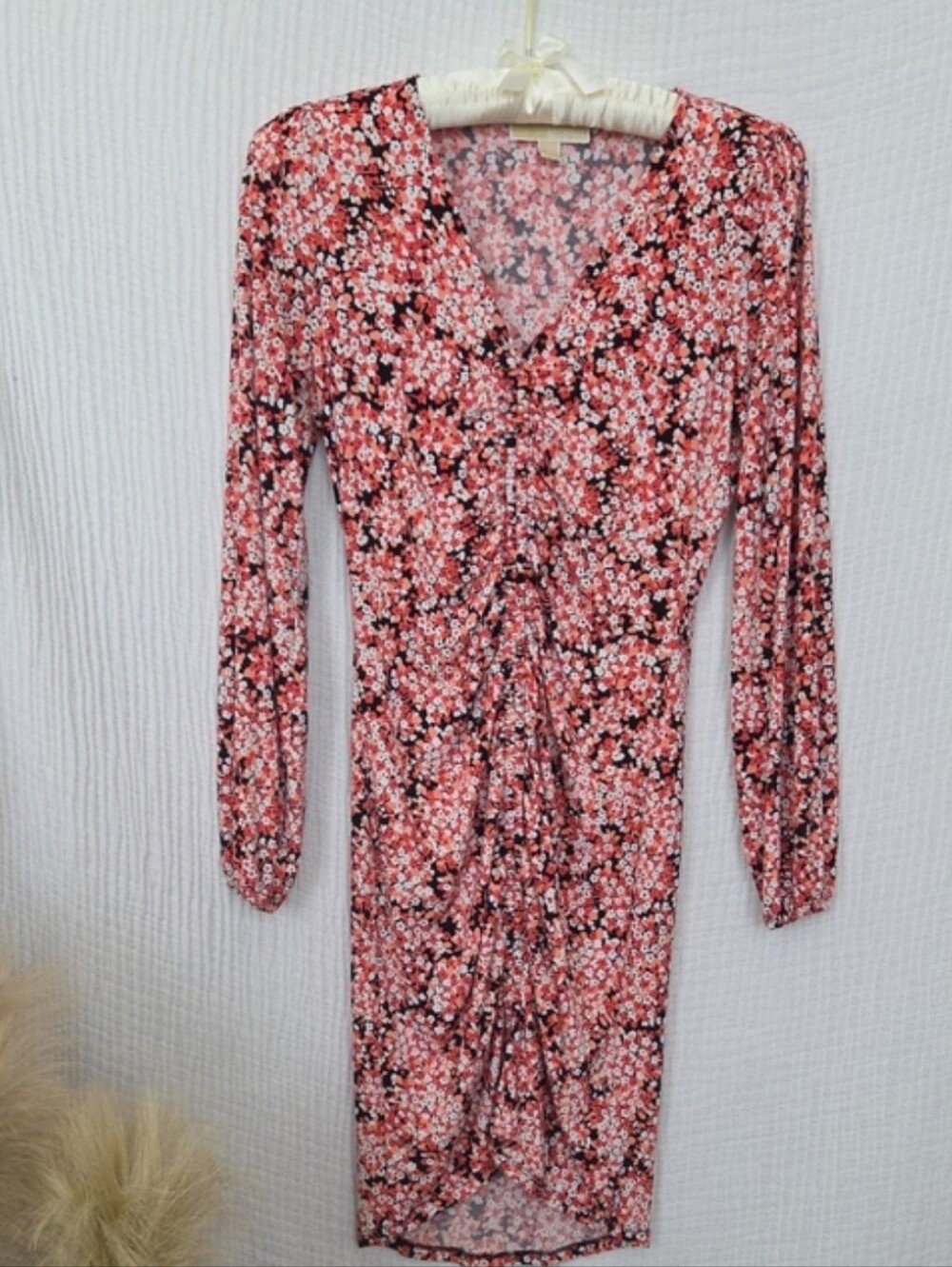 Michael Kors Coral Floral Long-Sleeve Ruched Dress